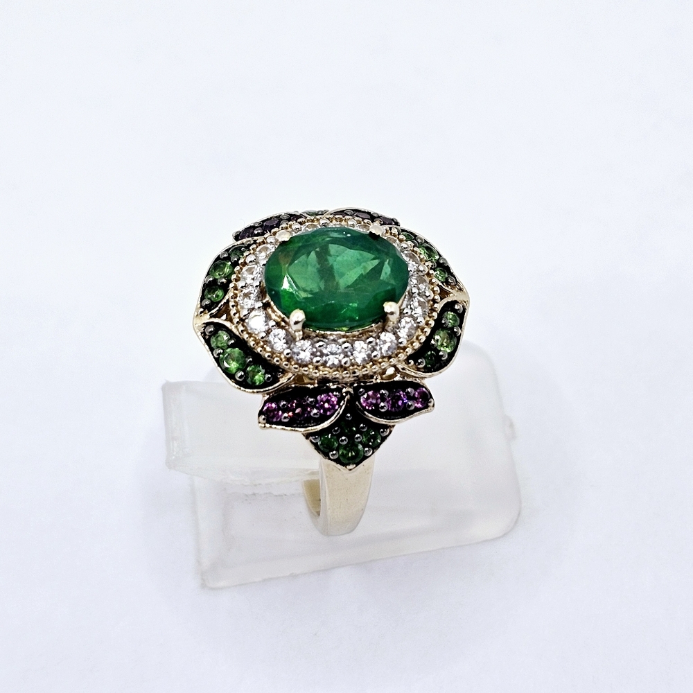 Genuine Green Opal, Chrome Diopside, Garnet, & Diamond Ring 18k/925 Sz 6.75 - Picture 3 of 8